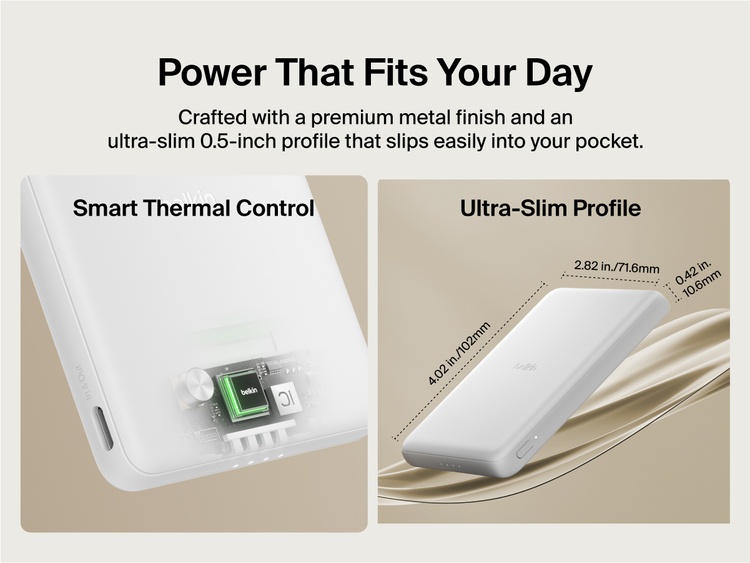 Belkin BoostCharge Slim Magnetic Power Bank 5K shown with smart thermal control and ultra-slim 0.5-inch profile designed for portable, pocket-friendly charging.