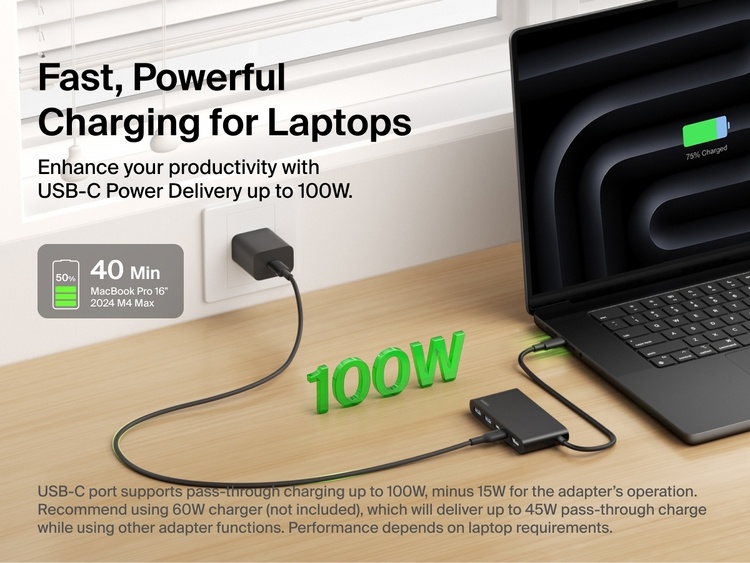 Belkin Connect 5-Port USB-C Hub with Dual USB-C Ports delivers fast laptop charging with up to 100W USB-C Power Delivery.