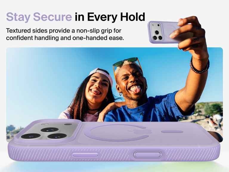 Belkin SheerForce Grip Series Case for iPhone 17 with military-grade drop protection and textured non-slip grip.