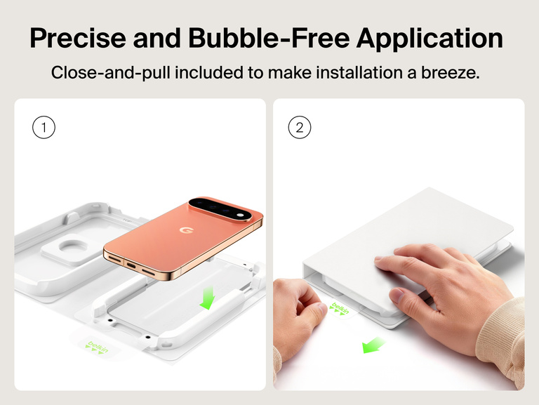 Belkin Titan SmartShield Anti-Reflective Screen Protector for Google Pixel 11 with close-and-pull installation for precise, bubble-free application.