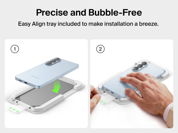 Belkin ScreenForce Titan SmartShield Privacy Filter Screen Protector for Samsung Galaxy S26 showing the Easy Align tray for precise, bubble-free installation with simple, step-by-step placement.