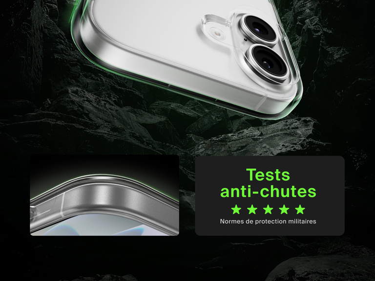 Belkin SheerForce Clear Series Case for iPhone 17 shown with 13-foot drop test and military-grade protection.