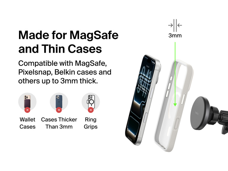 Belkin BoostCharge Magnetic Wireless Charging Car Vent and Dash Mount shown with MagSafe and thin-case compatibility up to 3mm, highlighting supported and unsupported case types.