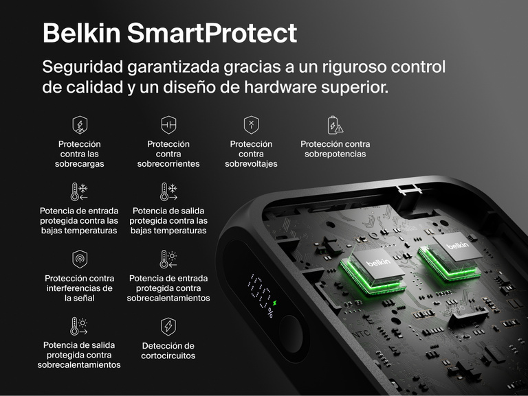 Belkin UltraCharge 20K 45W power bank with integrated cable featuring SmartProtect safety system with multi-layer protection for secure and reliable charging