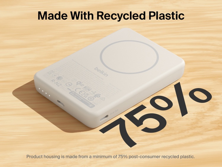 Slim Magnetic Power Bank 10K with Qi2 showing recycled plastic housing with 75% post-consumer materials and wireless charging surface on top