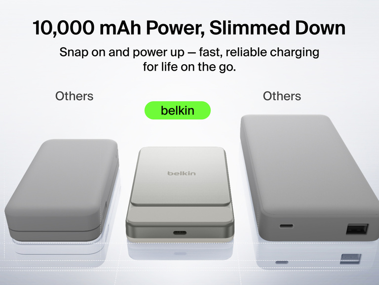 Belkin UltraCharge Slim Magnetic Power Bank 10K showcasing 10,000 mAh capacity, ultra-slim design, and compact size compared to standard portable chargers