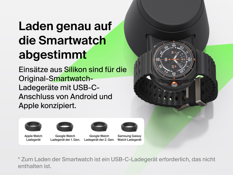 Die Belkin UltraCharge modulare Ladestation mit Qi2 25W eignet sich mit austauschbaren Eins&auml;tzen f&uuml;r USB-C-Ladeger&auml;te f&uuml;r die Apple Watch, Google Watch und Samsung Galaxy Watch.