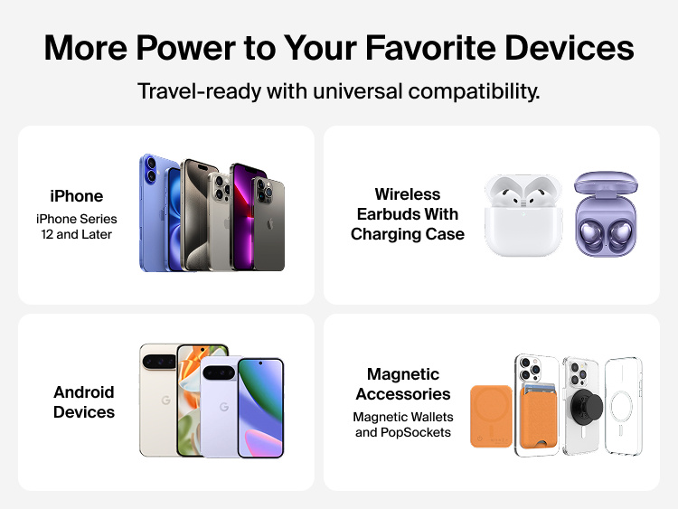 Belkin BoostCharge Slim Magnetic Power Bank 10K compatibility with iPhone, Android devices, wireless earbuds with charging case, and magnetic accessories like wallets and PopSockets