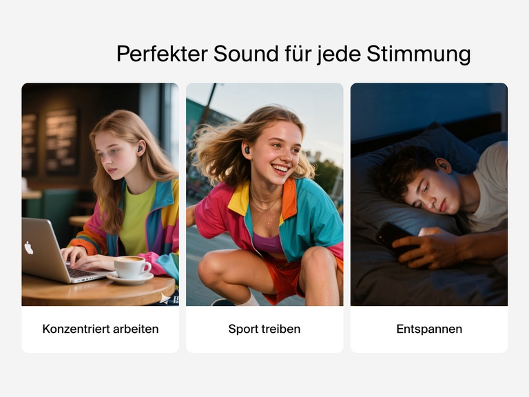 Belkin SoundForm Anywhere Wireless Earbuds shown for focus, workouts, and relaxation with perfect sound for every vibe.