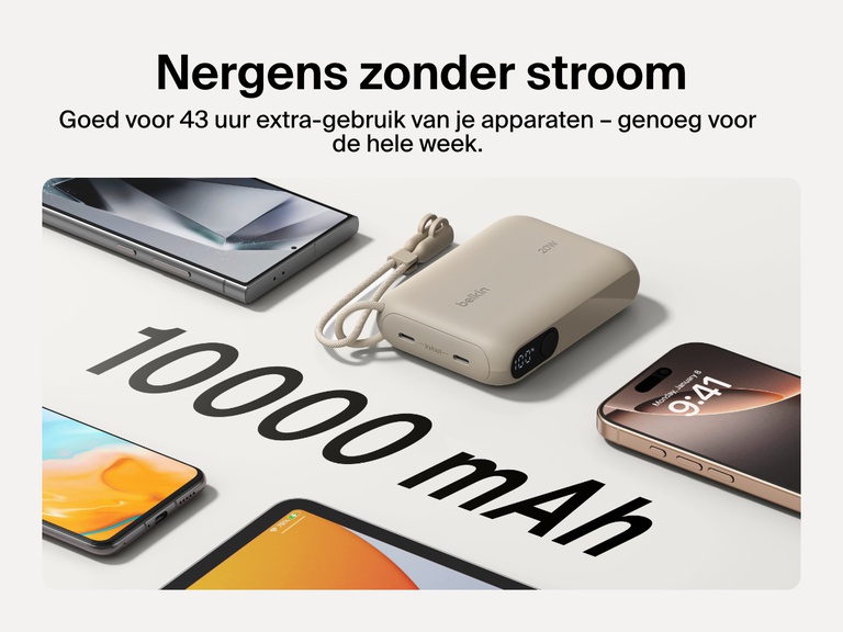 Afbeelding van de Belkin BoostCharge 10.000mAh-powerbank met display omringd door meerdere apparaten, om de capaciteit van 10.000 mAh en tot wel 43 uur extra batterijduur voor onderweg te benadrukken.