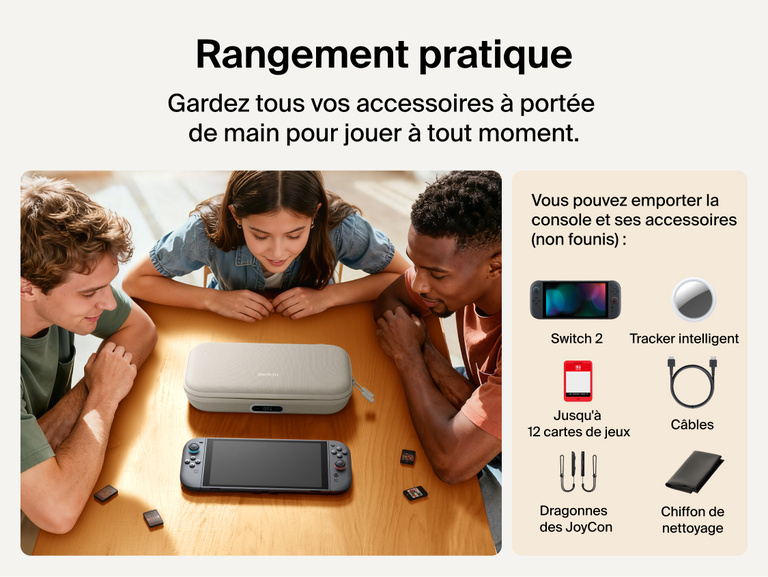 Belkin Gaming Charging Case Pro for Nintendo Switch 2 shown storing the console, game cards, cables, and accessories for organized, game-ready portability.
