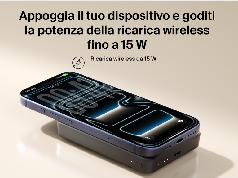 Slim Magnetic Power Bank 10K with Qi2 magnetically attached to smartphone demonstrating wireless charging capability