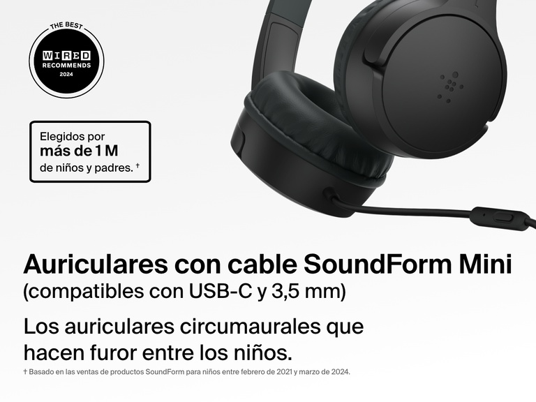 Close-up image of the Belkin SoundForm Mini Wired On-Ear Headphones for Kids, featuring a detachable boom mic and compatibility with USB-C and 3.5mm, promoted as the top choice for over one million kids and parents.