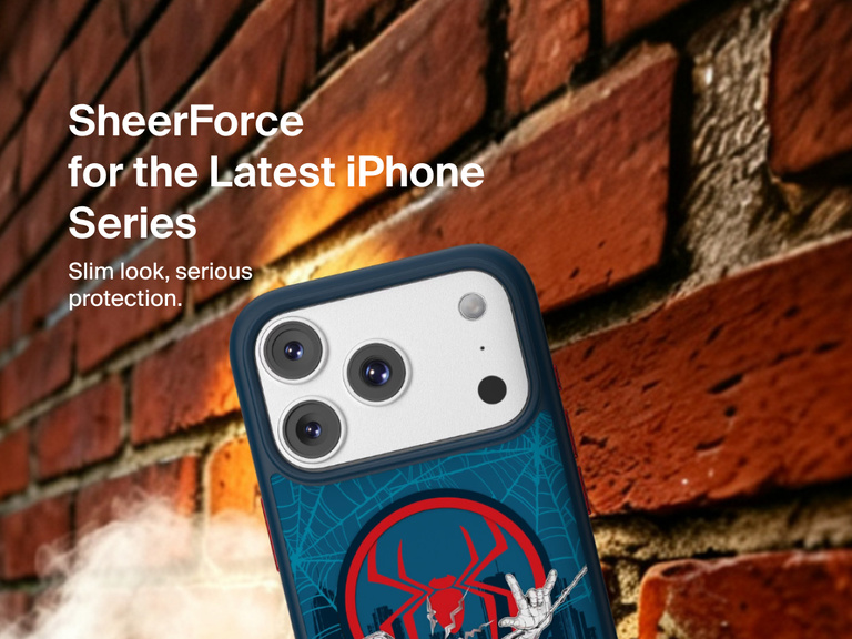 Belkin SheerForce Clear Spider-Man magnetic protective case for iPhone with durable translucent design, raised edges, and camera protection.