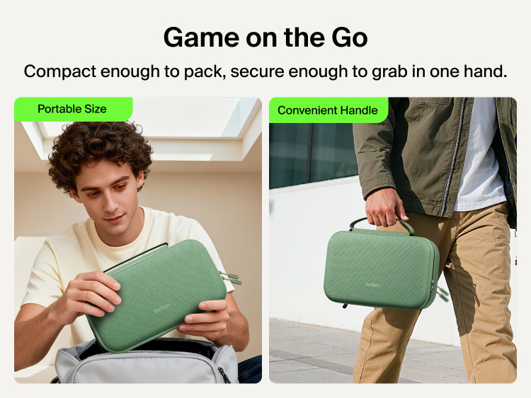 Belkin Gaming Charging Case Pro for Nintendo Switch 2 shown in a compact portable design with convenient carry handle for gaming on the go.