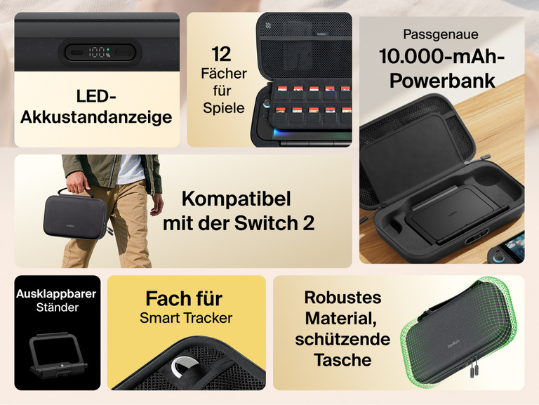 Feature overview of the Belkin Gaming Charging Case Pro for Nintendo Switch 2 highlighting built-in 10K power bank, LED battery indicator, flip-up stand, game card storage, smart tracker pocket, and durable protective design.