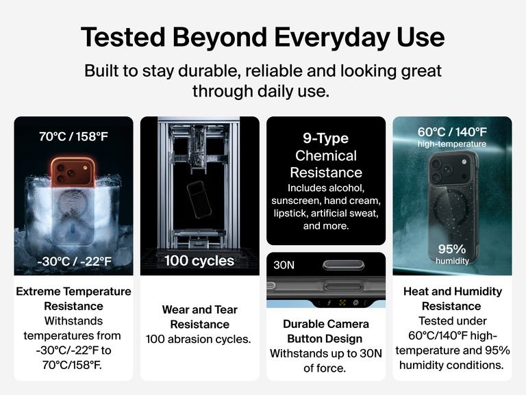 Belkin Protect+ Series Case for iPhone 18 is tested for extreme temperatures, abrasion, chemical resistance, Camera Control button durability, heat and humidity.