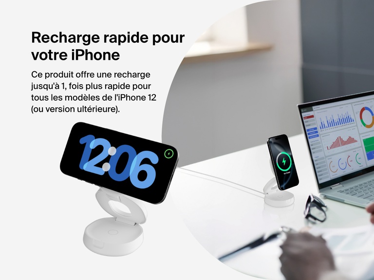 Belkin BoostCharge 2-in-1 Convertible Magnetic Charging Stand with Qi2 15W fast charges an iPhone in both portrait and landscape modes, ideal for desks and workspaces.