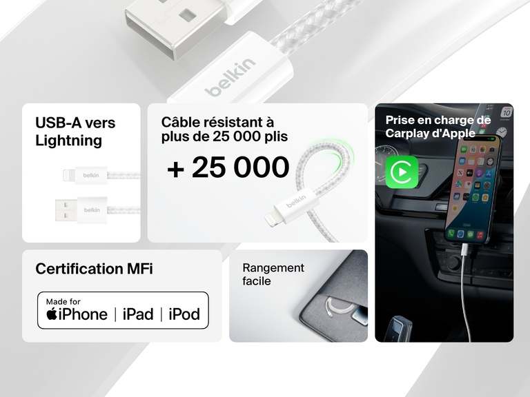 Le câble USB-A Belkin BoostCharge avec connecteur Lightning résiste à plus de 25 000 plis. Il est certifié MFI et compatible avec Carplay d'Apple. Son design compact facilite le rangement tout en assurant une recharge et une synchronisation fluides pour les iPhone, iPad et iPod.