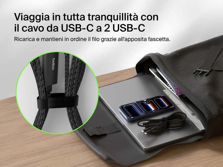 Il cavo intrecciato da USB-C a 2 USB-C BoostCharge Pro Belkin include un sistema di gestione del filo, per consentirne una facile conservazione durante gli spostamenti, e offre una potenza di ricarica fino a 140 W.