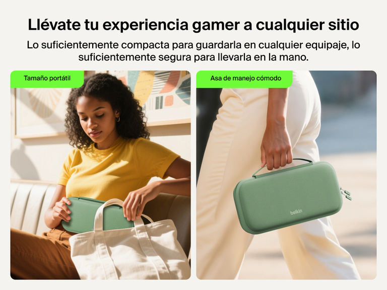 The Belkin Gaming Charging Case for Nintendo Switch 2 is shown being easily packed into a tote and carried by hand, highlighting its portable size and convenient handle for travel.