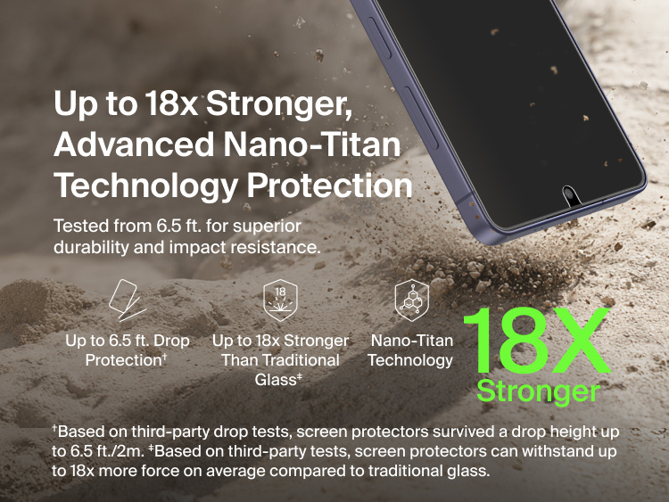 Belkin ScreenForce Titan SmartShield Anti-Reflective Screen Protector for Samsung Galaxy S26 showcasing advanced Nano-Titan technology with up to 18x stronger protection than traditional glass and tested drop resistance up to 6.5 feet.
