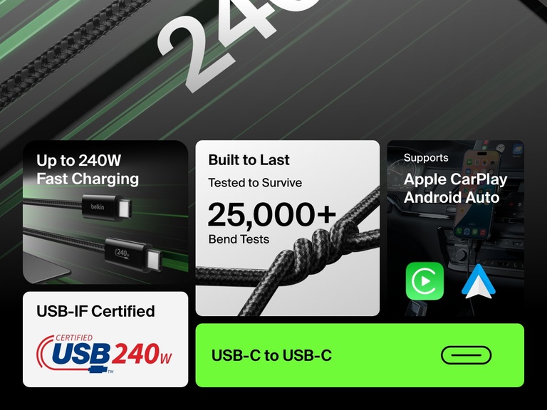 最大240Wの急速充電、25,000回以上の折り曲げ耐久性、Apple CarPlayおよびAndroid Autoのサポート、USB-IF認証を備えたBelkin BoostCharge USB-C to USB-Cケーブル（240W）を紹介するインフォグラフィック。