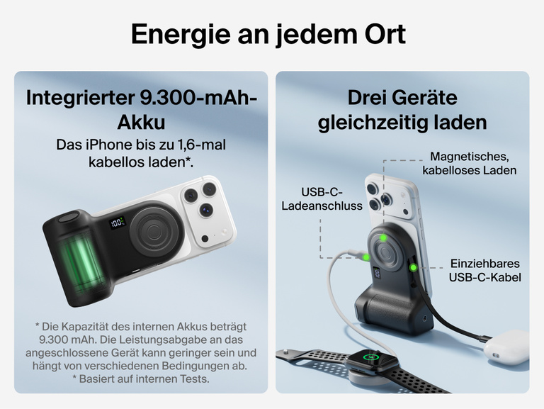 Belkin Stage PowerGrip compatibility chart showing support for iPhone 12 and later, Google Pixel 10 and later, USB-C devices like AirPods and Galaxy, and tripods with 1/4-inch mounts.