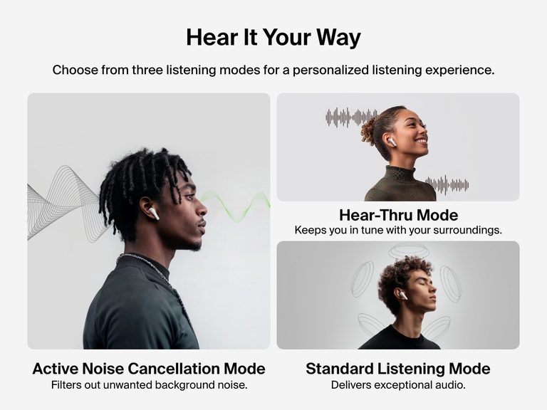 Image highlighting the three listening modes of Belkin SoundForm Rhythm ANC Earbuds—Active Noise Cancellation, Hear-Thru Mode, and Standard Listening Mode—for a personalized audio experience.