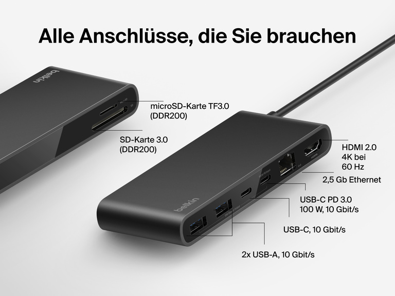 Der Belkin Connect 8-Port-USB-C-Hub mit 2,5-Gb-Ethernetanschluss wird mit allen vorhandenen Anschlüssen für Geräte gezeigt: HDMI 2.0 mit 4K bei 60 Hz, USB-C PD 3.0, 100 W 10 Gbit/s, 2x USB-A, 10 Gbit/s, SD und microSD-Kartensteckplätze und Ethernetanschluss.
