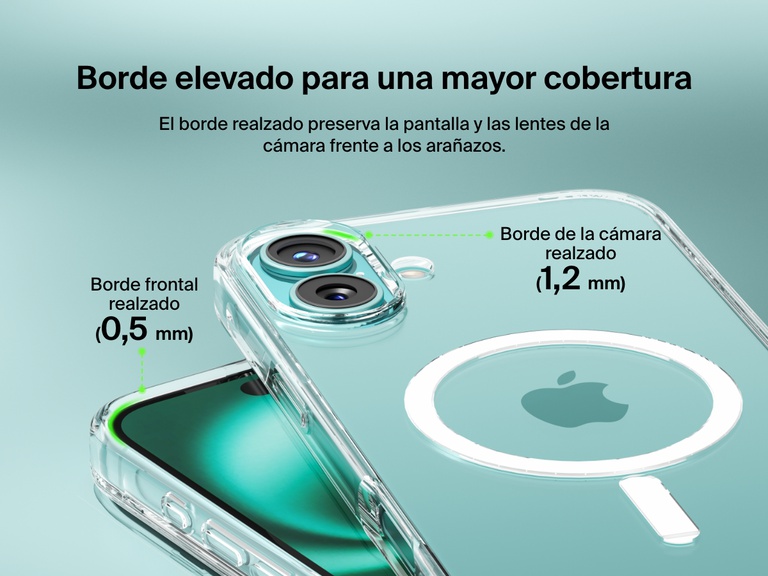 A close-up view of the SheerForce™ Magnetic iPhone Case, highlighting its raised edges for enhanced protection. The image showcases a 1.2mm camera raised edge and a 0.5mm front raised edge, designed to safeguard the screen and camera lenses from scratches and impacts. The transparent case maintains a sleek look while providing reliable protection.