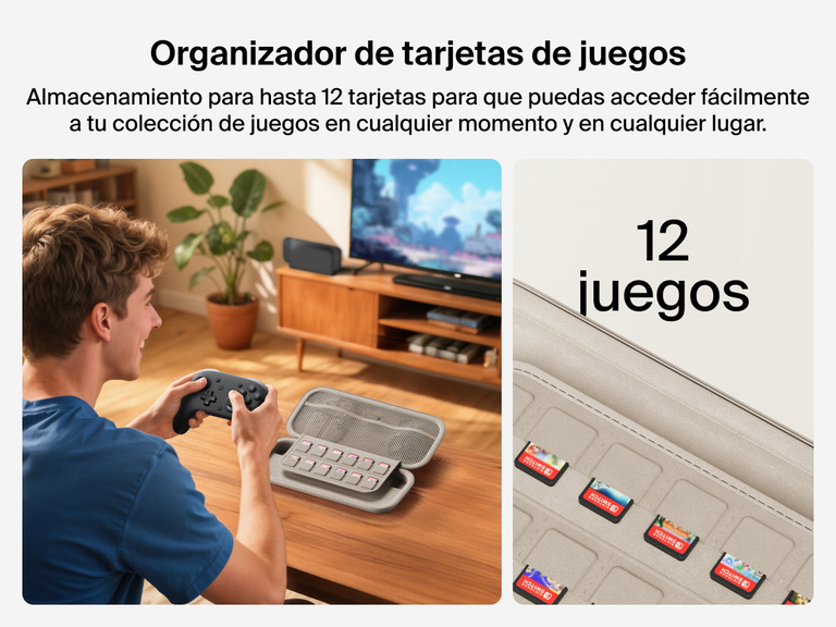 Man gaming with a controller beside the Belkin Gaming Travel Case for Nintendo Switch 2, which features a built-in sleeve that holds up to 12 game cards for easy access.