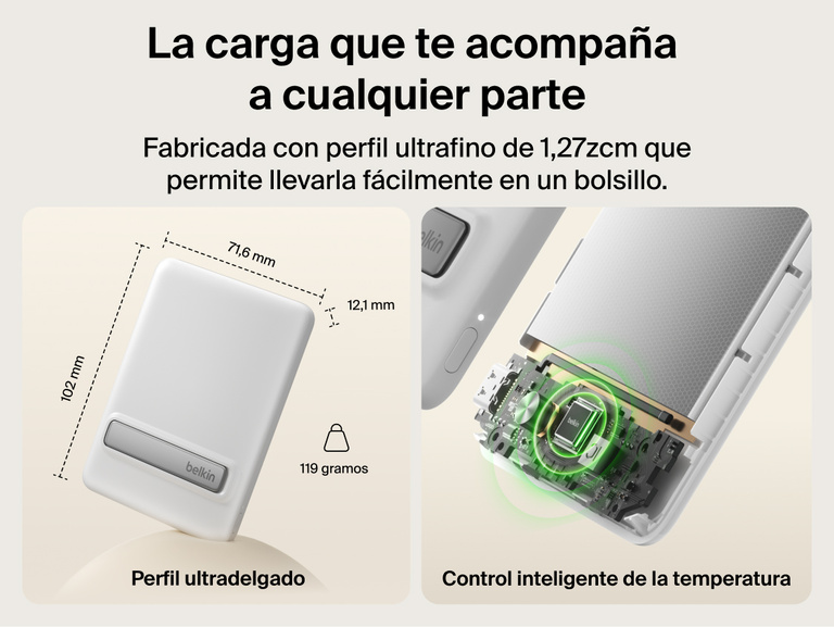 Belkin BoostCharge Slim Magnetic Power Bank 5K with Qi2 highlighting an ultra-slim, lightweight design with smart thermal control for safe, pocket-friendly portable charging.