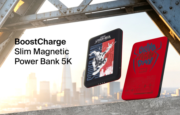 Belkin BoostCharge Slim Magnetic Power Bank 5K shown magnetically attached to a smartphone beside a slim wallet accessory, highlighting its compact portable charging design.