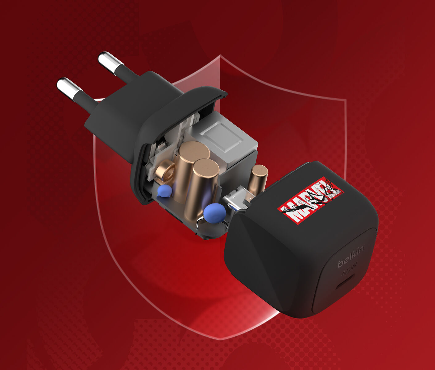 Belkin BoostCharge 컴팩트 USB-C 가정용 충전기 45W가 단면도로 표시되어 내부 전자 부품이 보입니다.