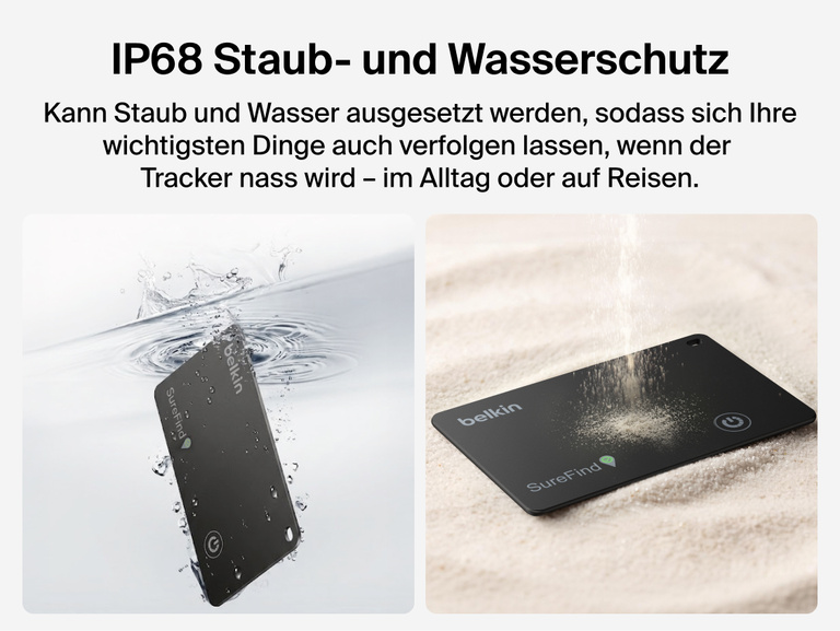 Die Belkin SureFind Karte mit Bluetooth Tracker hat eine 3-j&auml;hrige Herstellergarantie, was in einer Explosionsansicht mit internen Komponenten gezeigt wird.