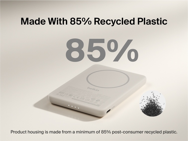 Belkin BoostCharge Slim Magnetic Power Bank 5K shown with text highlighting that its housing is made from 85% post-consumer recycled plastic for sustainable design.