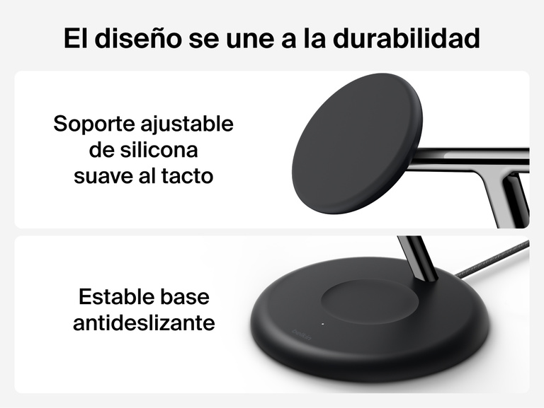Belkin UltraCharge 3-in-1 Wireless Charging Stand with Qi2 25W highlighting soft-touch adjustable magnetic mount and stable non-slip base for durable everyday use