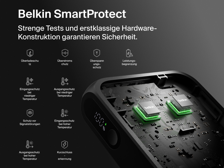 Belkin UltraCharge 10K power bank with integrated USB-C cable and digital display featuring SmartProtect safety system with multiple protection layers for reliable charging