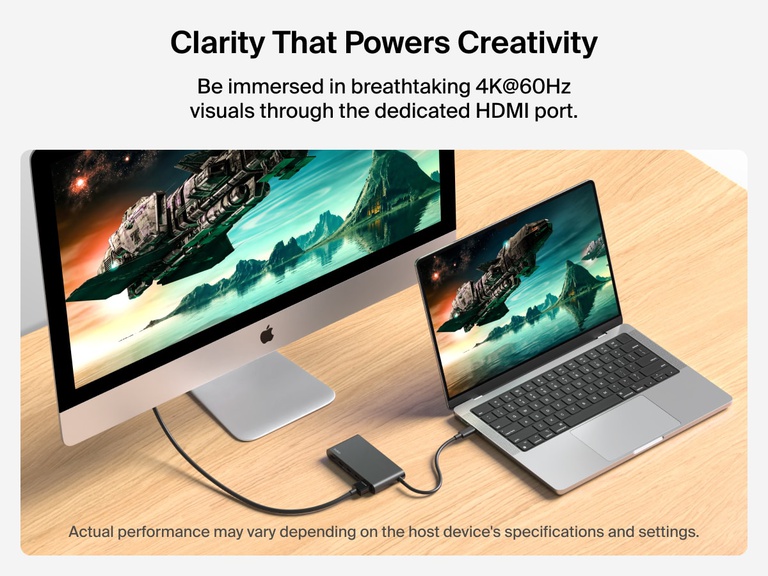 Belkin Connect 5-Port USB-C Hub with 4K HDMI delivers stunning 4K@60Hz visuals from a MacBook to an external monitor.