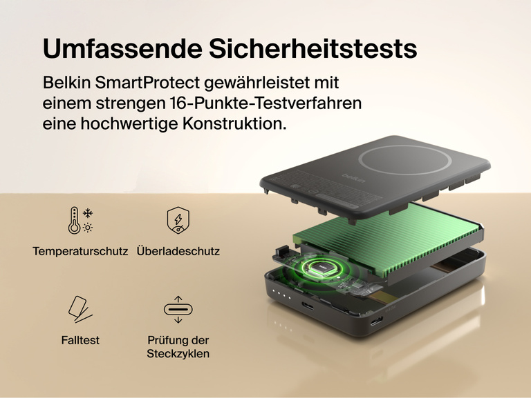 Slim Magnetic Power Bank 10K with Qi2 internal components exposed highlighting thermal control and safety protection features
