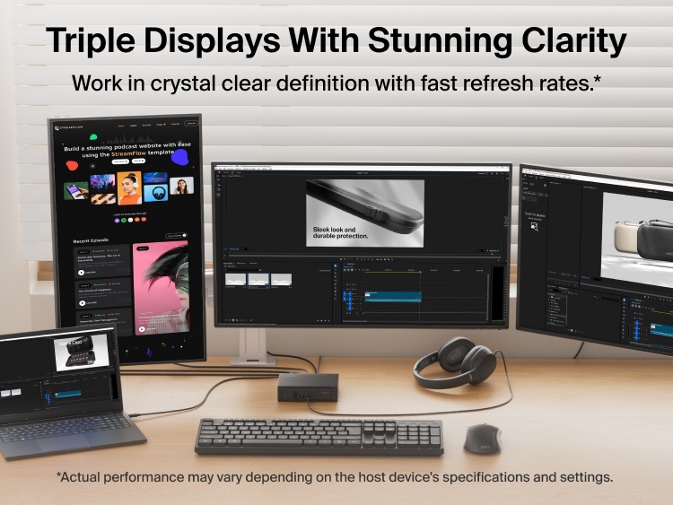 Triple display workspace setup showing a laptop connected to a USB-C dock and three monitors with creative and productivity applications, highlighting clear visuals and smooth performance.