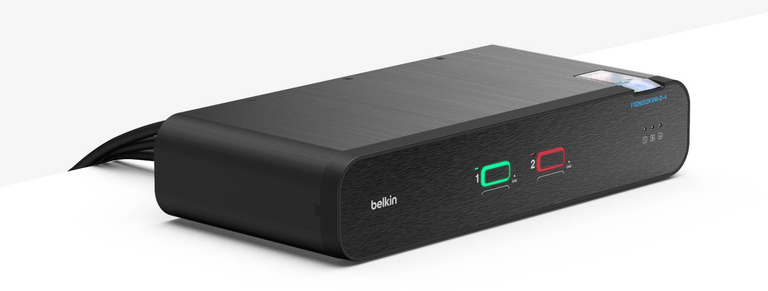 A sleek, black Belkin Universal DisplayPort Secure KVM 2-Port Dual Head without CAC device, featuring illuminated port indicators and labeled buttons for secure switching between two computers.