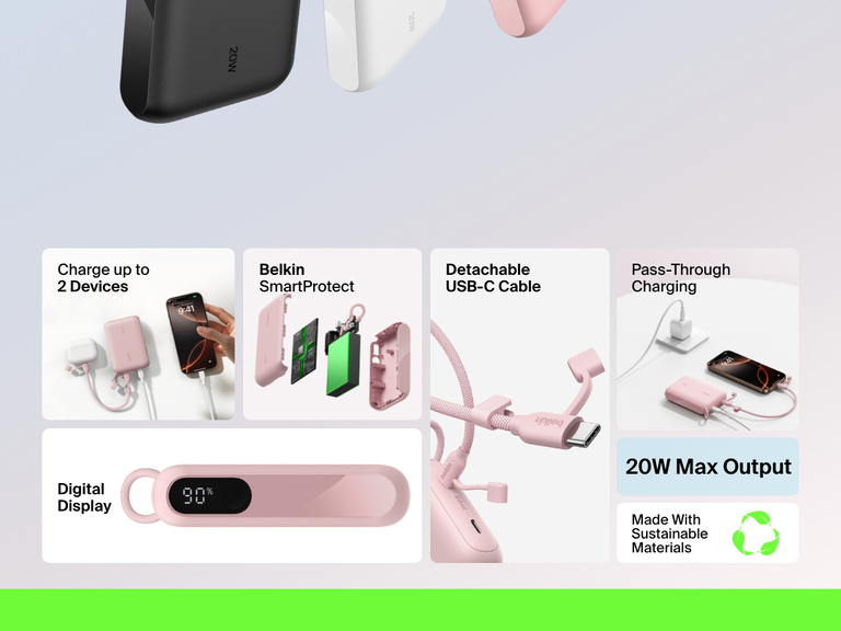 Infographic highlighting key features of the Belkin BoostCharge Power Bank 10K with Display, including 20W output, dual-device charging, digital battery display, detachable USB-C cable, pass-through charging, Belkin SmartProtect, and sustainable materials.