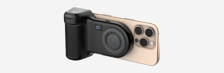Banner showing a smartphone attached to a black Belkin camera grip accessory with a control button and display screen, designed for content creation.