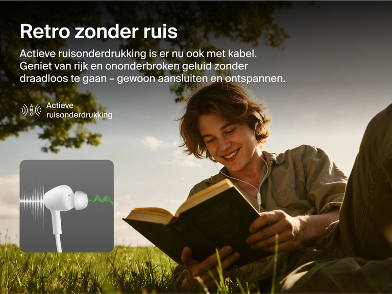 Belkin SoundForm ANC Wired Earbuds with USB-C® provide active noise cancellation for rich, uninterrupted sound while reading or relaxing outdoors.