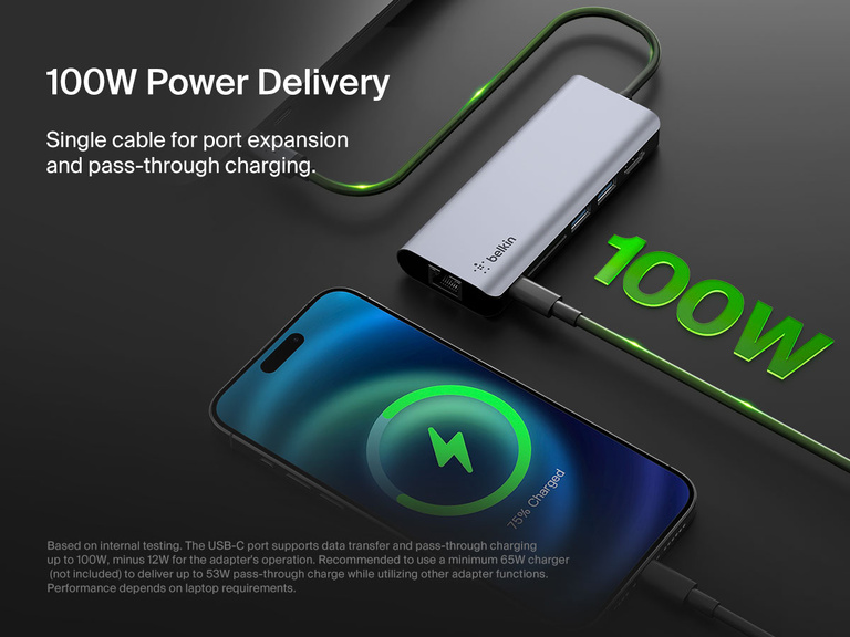Image displaying the Belkin Connect USB-C 6-in-1 Multiport Hub delivering 100W power via a single cable, shown charging a smartphone with pass-through power and data expansion functionality.
