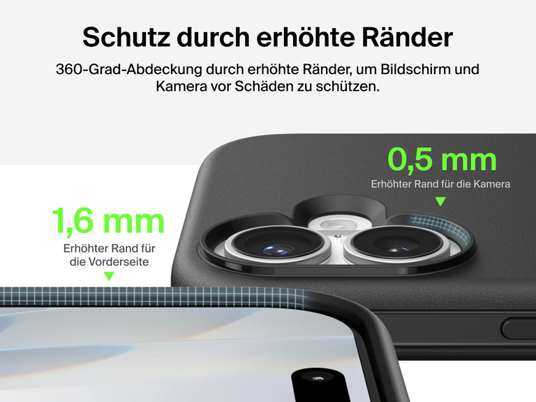 Belkin Hülle der SheerForce Protect Serie für das iPhone 17 mit erhöhten Rändern, die dem Militärstandard für Schutz bei Aufprall aus bis zu 4 m Höhe entspricht.