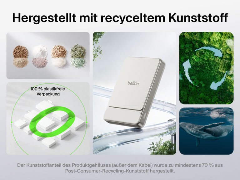 Belkin UltraCharge Slim Magnetic Power Bank 10K highlighting sustainable design made with recycled plastic and plastic-free packaging for eco-friendly portable charging
