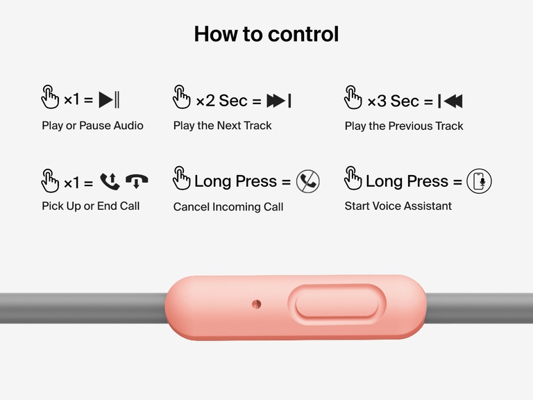 Visual guide showing the in-line control functions of Belkin Wired On-Ear Headphones for Kids, including audio playback, call handling, voice assistant activation, and track navigation.